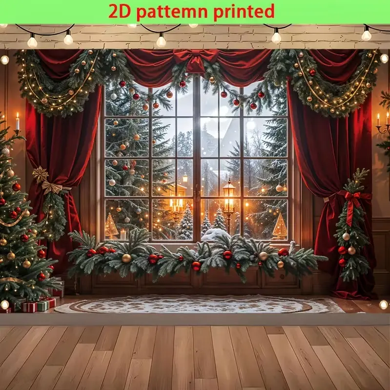 Polyester 2D Flat Multi-Functional Christmas Backdrop - Magical Style1 Design with Patterned Trees, Snow Scenes, Windows - Suitable for Winter Party, Family Outdoor Photography (Festive Decor)