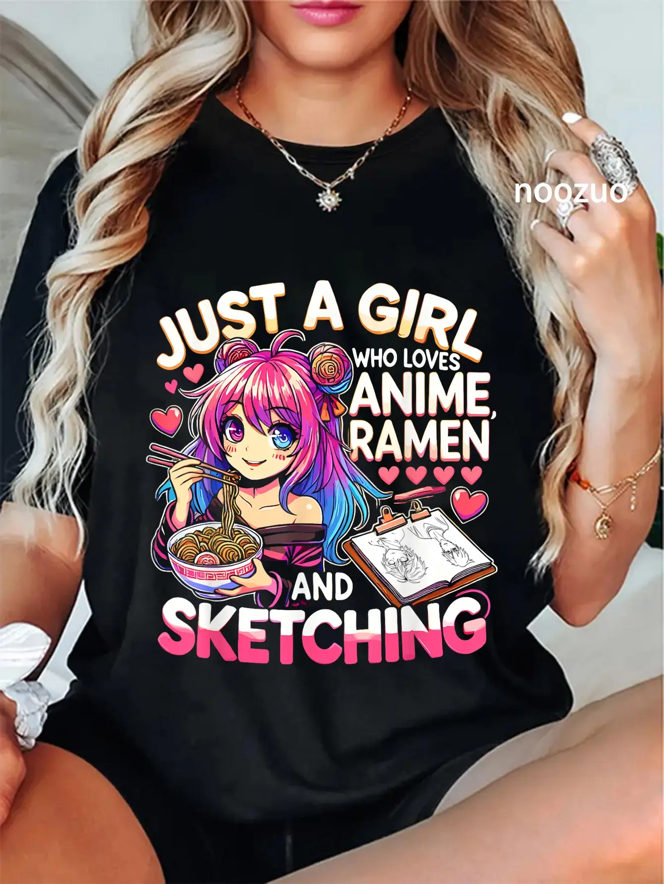 100% Cotton Unisex Just A Girl Who Loves Anime Ramen And Sketching, Japan Anime T-Shirt Casual Top