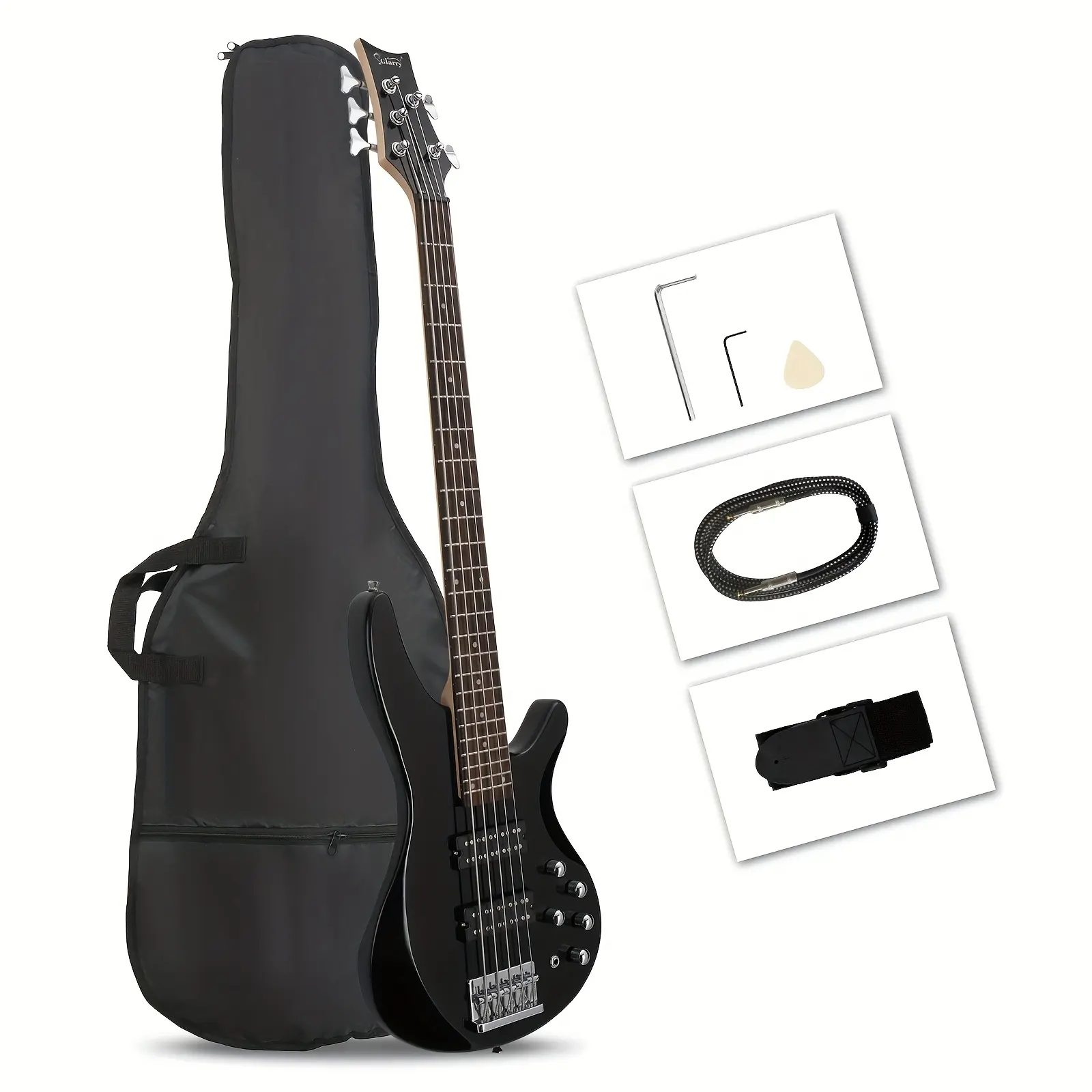 44-Inch 5-String H-H Pickup Electric Bass Guitar - 24 Frets, Laurel Wood Fingerboard, Adjustable Bridge, Rechargeable Battery, Black, 1 Bass Bag, 1 Wrench Tool, Synthetic, for Beginners & Experienced Players