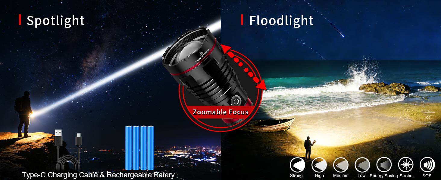 SKYFIRE 1209 Rechargeable  Flashlight - Waterproof, 3 Modes & Carry Strap, 20000mAh Super Bright Instant Light for Camping Emergency Power Outage