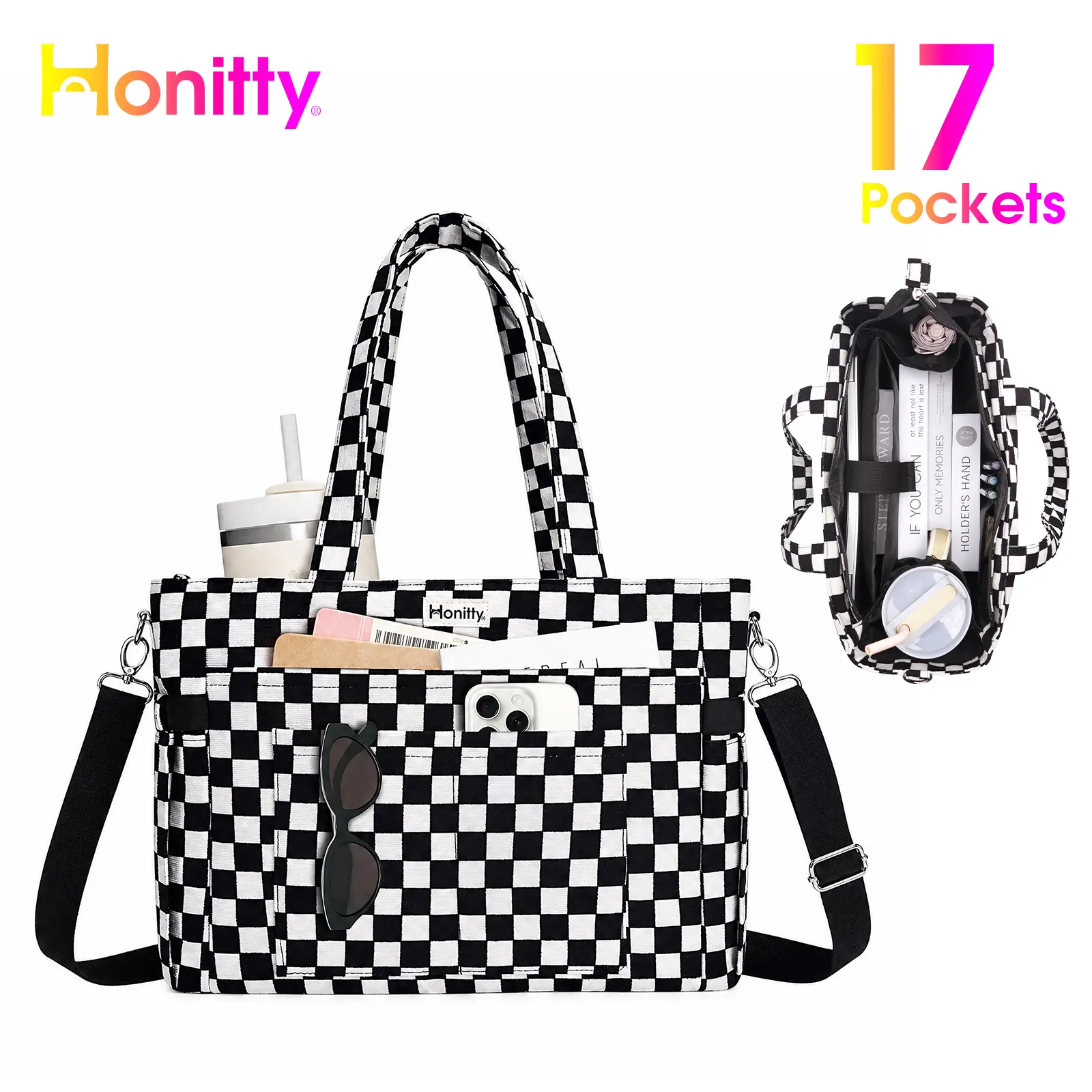 HONITTY Women's Plaid Corduroy Work Tote Bag - Adjustable Strap Convertible Crossbody with 15.6in Laptop Sleeve, 40oz Cup Holder, Multi-Pocket, Slip-On Design, Back to School Haul/Party Work Bags for Women