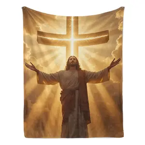 Radiant Jesus & Glowing Cross Flannel Fleece Blanket – Warm golden backdrop with Jesus in a welcoming, outstretched pose beneath a luminous cross, radiating spiritual peace and warmth, perfect for cozy, faith-filled comfort and reflection.