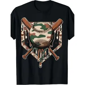 Baseball Drip for Men Ice Cream Dripping  Baseball Camo T-Shirt[Cool Design] Street Trending Style Women's Tee Comfortable Cotton Round Neck Shorts Same Gender Design and Sleeves Men's T Shirts