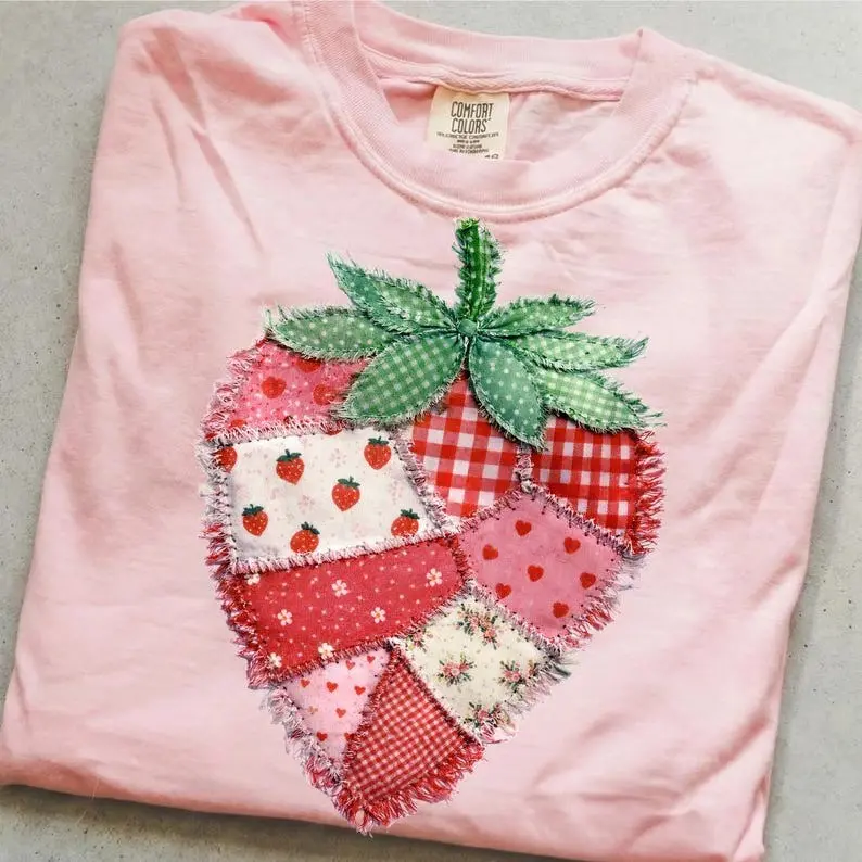 Comfort Colors Patchwork Strawberry T-Shirt, Vintage Quilt Strawberry Tee, Retro Summer Tshirt, Printable Strawberry Art