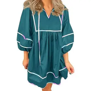 Cicy Bell Women's Babydoll Mini Dresses 3/4 Puff Sleeve V Neck Casual Loose Fit Patchwork Pleated Swing Vacation Outfits Cute Flowy Lightweight Soft Blue