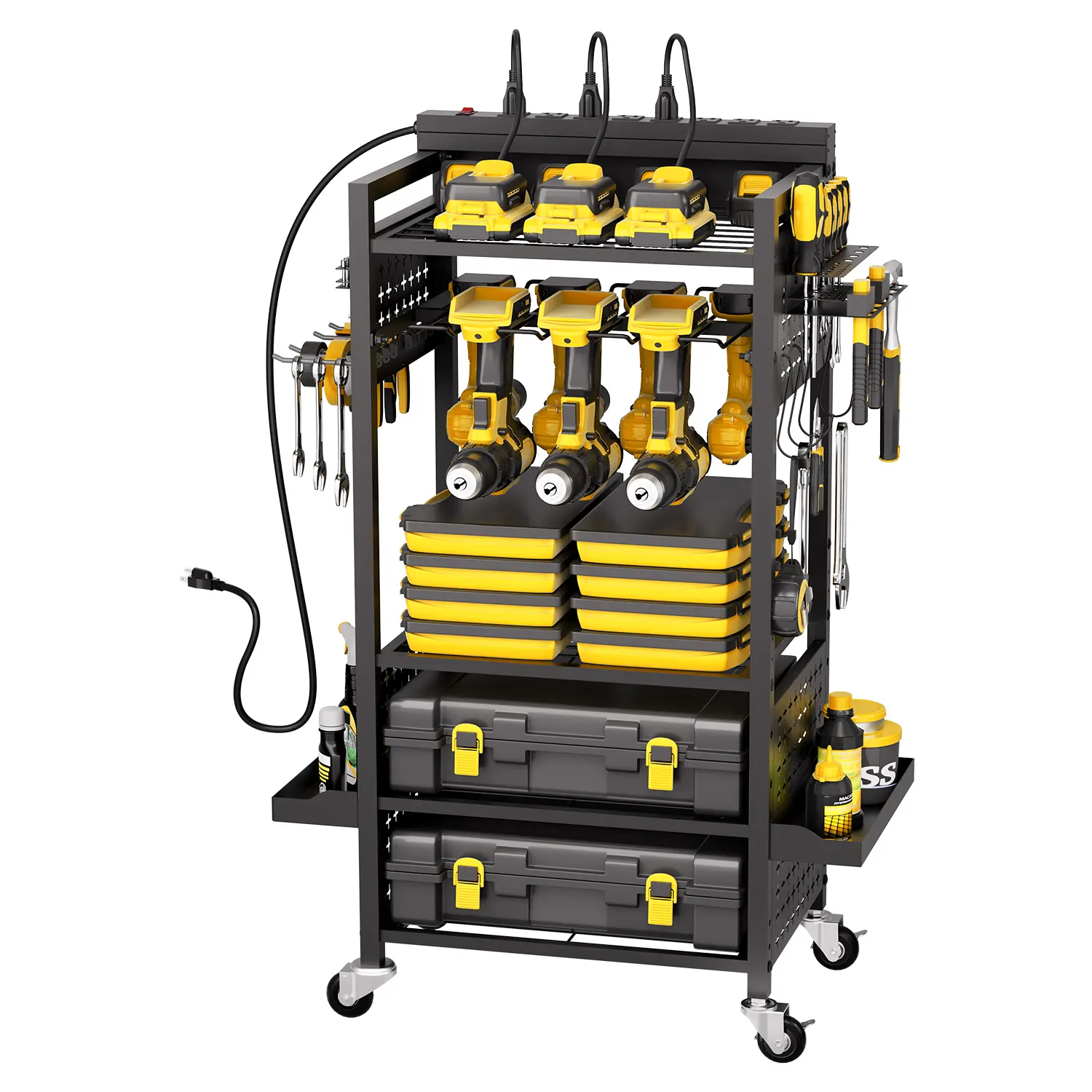 【Summerfinds】VEVOR Heavy Duty 5-Tier Tool Organizer Cart with Charging Station8 AC OutletsFloor Stand Rolling Drill HolderTool Battery Storage Rack on Wheels for WorkshopGarage, Tools, Tool Kit, Construction Tool Organizer