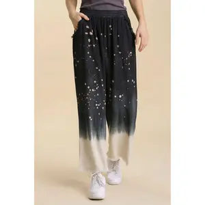 Umgee Full Size Raw Hem Linen Blend Bleach Dip Dye Wide Leg Pants Plus Size