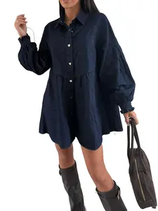 utcoco Women's Denim Shirt Dress Long Sleeve Heart Button Oversized Casual Mini Dress with Pockets