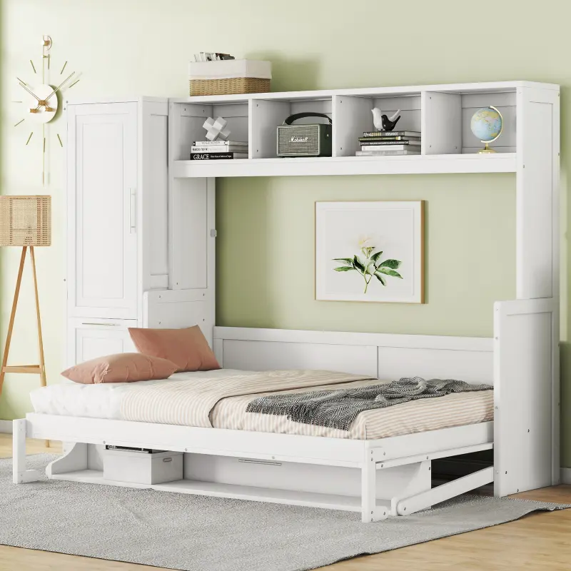 Full Size Murphy Bed Wall Bed with Closet and Drawers White