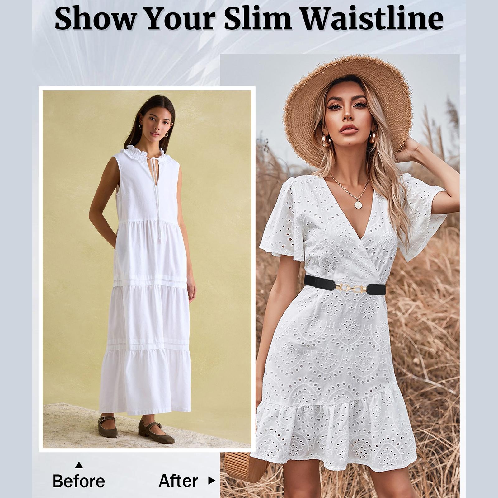 2/3Piece Suit Women's Belt Pack Skinny Stretch Belt Elastic Leather Waist Belt with Light Gold Buckle Ladies Thin Belt for Dress Jeans(70/80/90cm)