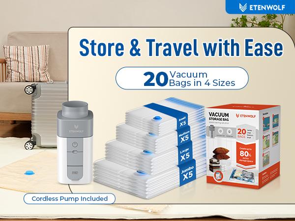 ETENWOLF 20 Pack Vacuum Storage Bags with Rechargeable Wireless Pump for Clothes Travel Space Saver Bags in Jumbo Large Medium Small Sizes Perfect for Luggage and Suitcases SpringStatements ETENWOLF 20 Pack Vacuum Storage Bags with Rechargeable Wireless Pump for Clothes Travel Space Saver Bags in Jumbo Large Medium Small Sizes Perfect for Luggage and Suitcases SpringStatements