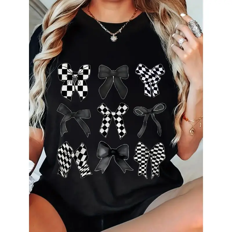 Large Size Women'S Clothing, Casual Bow Print T-shirt-Short Sleeve, Round Neck, Machine Wash, Summer Spring Fashion Tops, Spring Leisure T-shirt |   round Neck T-shirt