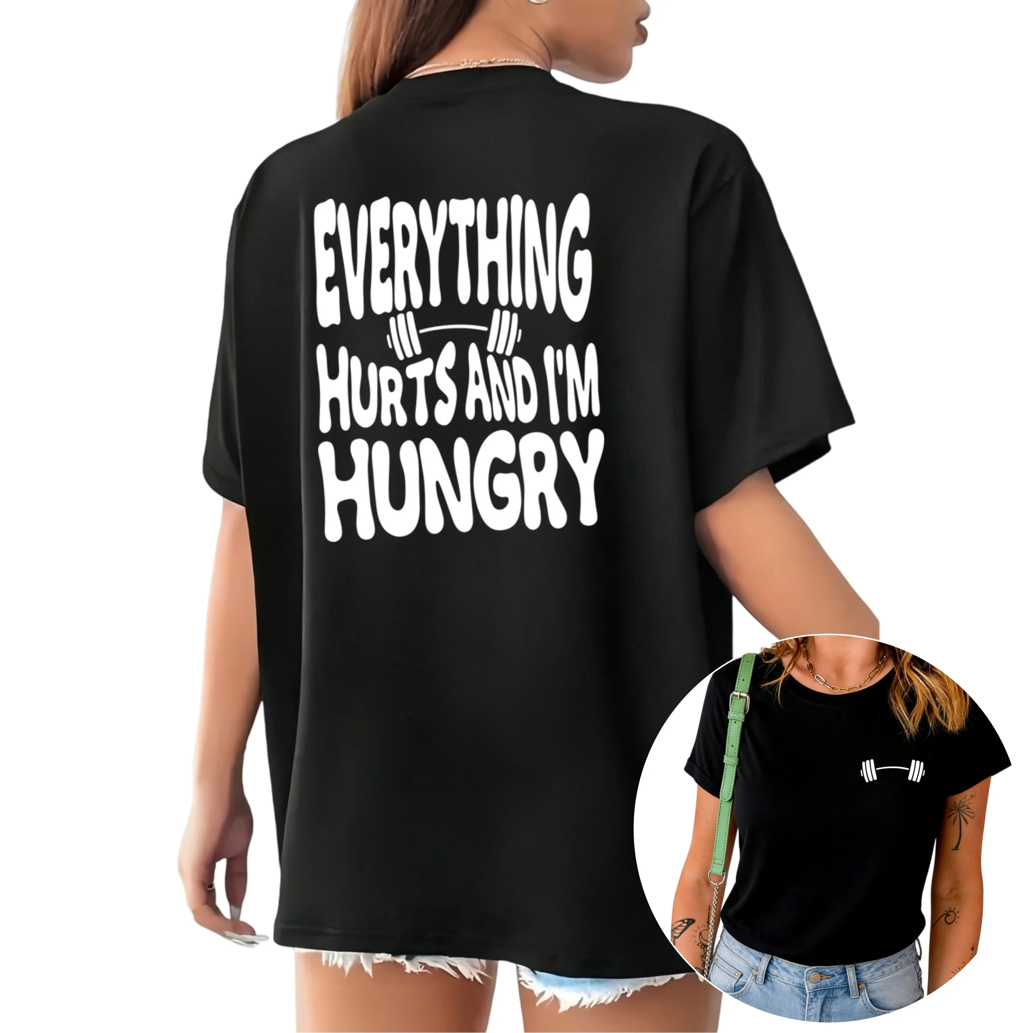 Funny Workout Gym Shirts Women Oversized Weightlifting Graphic Tshirt Everything Hurts and I'm Hungry Tee Tops