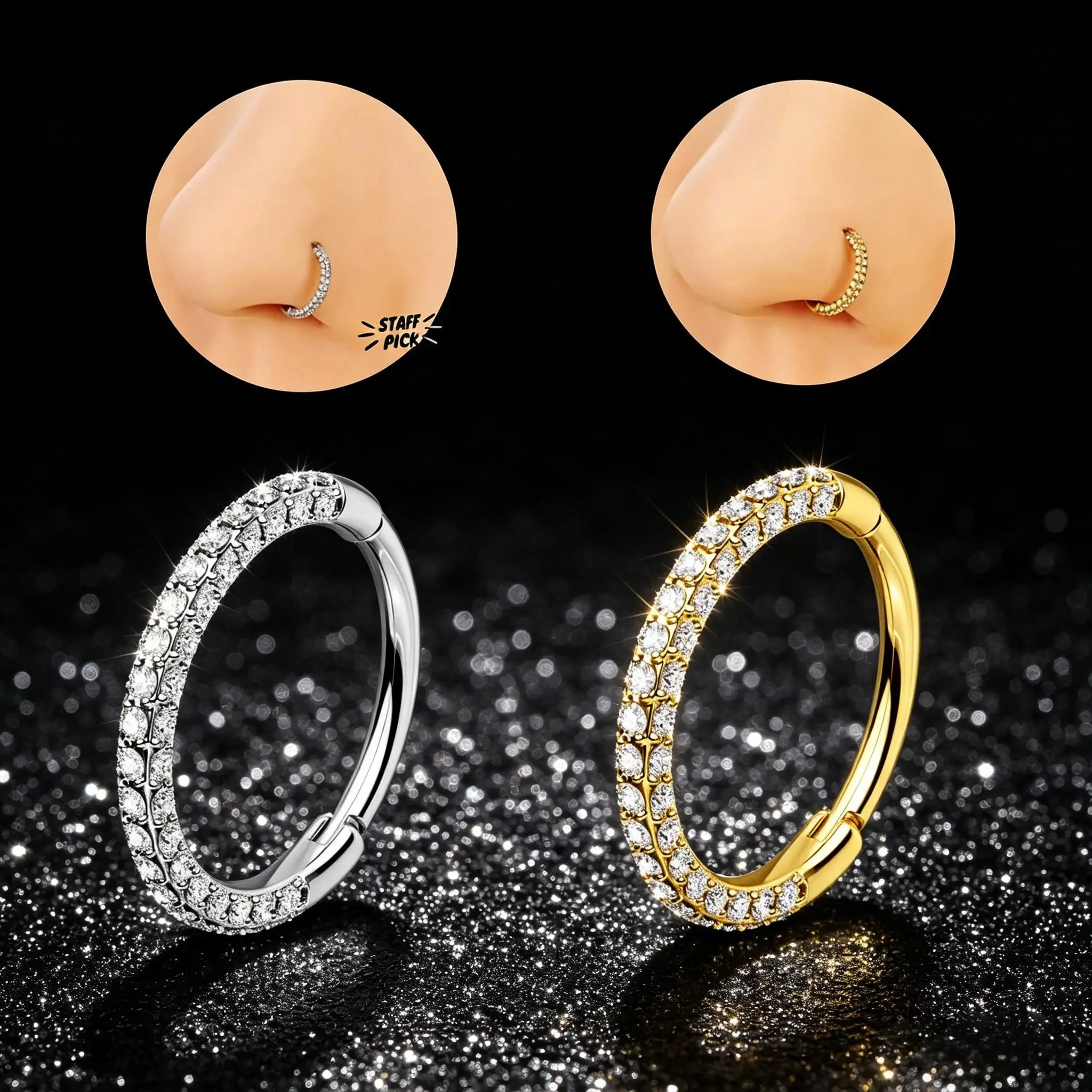 OUFER 20G Dainty Round Hoop Nose Piercing - 316L Stainless Steel AAAAA+ Grade CZ Triple-Sided Gem Hinged Segment Ring, 6mm-9mm Inner Diameter, Non Tarnish Tarnish Proof Body Piercing Jewelry for Daily Wear, Non Tarnish Jewelry