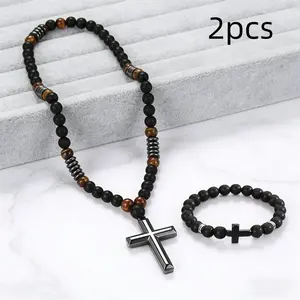 2pcs 8mm Black Onyx Hematite and Tiger Eye Beaded Necklace with Cross Bracelet Set Triple Protection Religious Jewelry for Anxiety Relief Valentine's gift