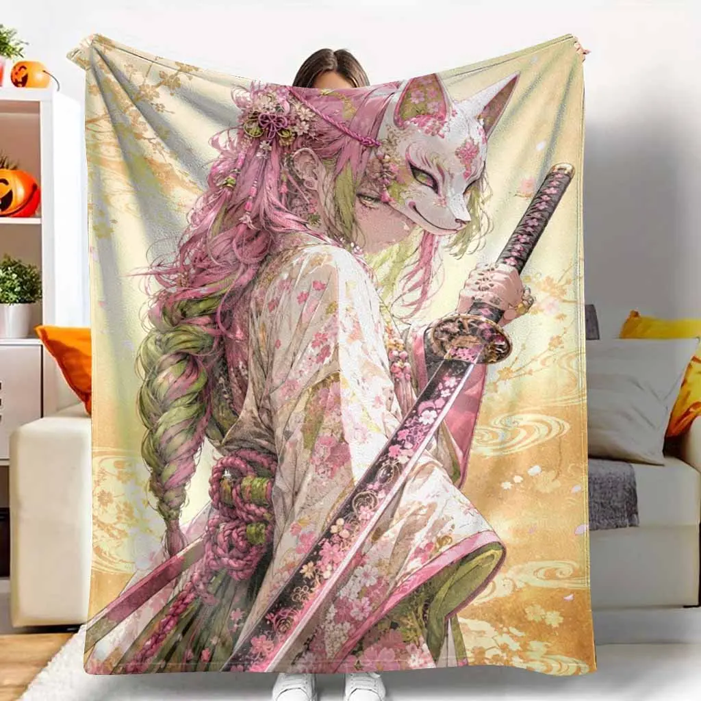 Japanese Samurai Girl Anime Flannel Blanket, Floral Katana Pattern, Ultra-Soft Lightweight Warm Throw, Suitable for Living Room Couch & Bedroom Decor, Anime Room Decor Gift