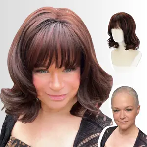 Mabel-WIGYY Brown Auburn Bob Wig  – 14 Inch Short Curly Lace Front Synthetic Wig with Bangs, Glueless Realistic Scalp, Heat-Resistant, Daily Use