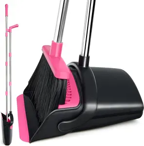 Broom and Dustpan Set, Long Handle Lightweight Dustpans with Broom Combo for Home, Indoor&Outdoor Sweeping for Home Room Kitchen Office Lobby (Black Pink) XXFLOWER