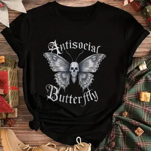 Gothic Skull & Butterfly Graphic Women's Plus Size Casual Short Sleeve T-Shirt - Light Grey Relaxed Fit Round Neck Tee, Machine Washable All-Season Comfort, Easy Care Clothing, Edgy Fashion Top, Neutral Color Shirt