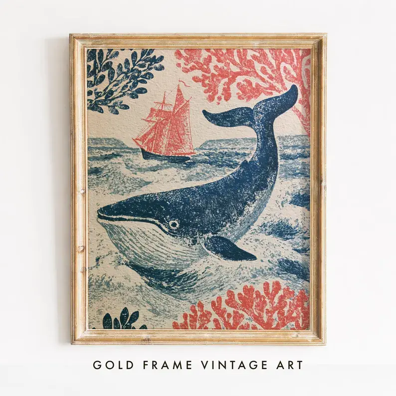 (unframed) Poster Nautical Whale Breaching Ocean Waves, Vintage Coastal Wall Art, Navy Red Tall Ship, Retro Cottagecore Print, Digital , Printable
