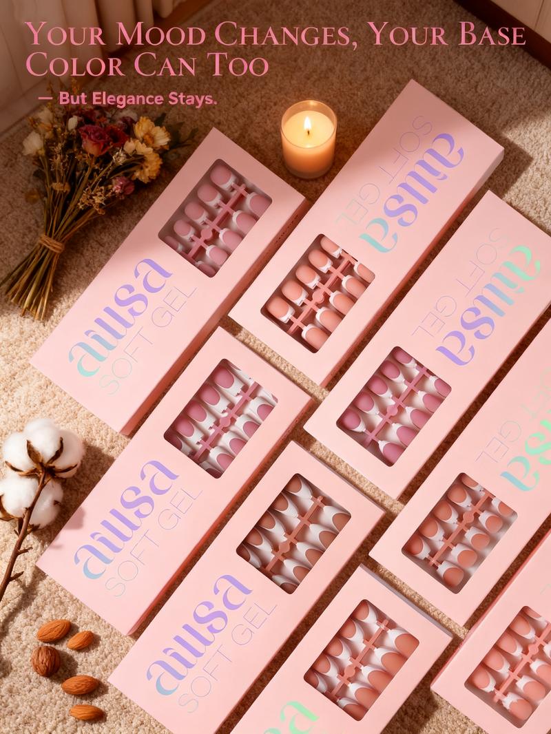 AILLSA Cozy French Press-On Kit with Chrome Powder, 5 Base Colors, 30g Hold Strong Solid Gel Glue, Square Natural-Fit gelx Tips, Gentle DIY Press-On Fake Nails Set for Fall Tiktokshopblackfriday