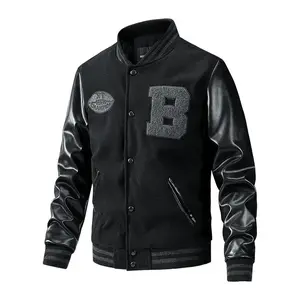 Pocket Button Front Varsity Jacket with Letter 'B' and Leather Sleeves Medium Size Classic Style for Casual Outingsp86V
