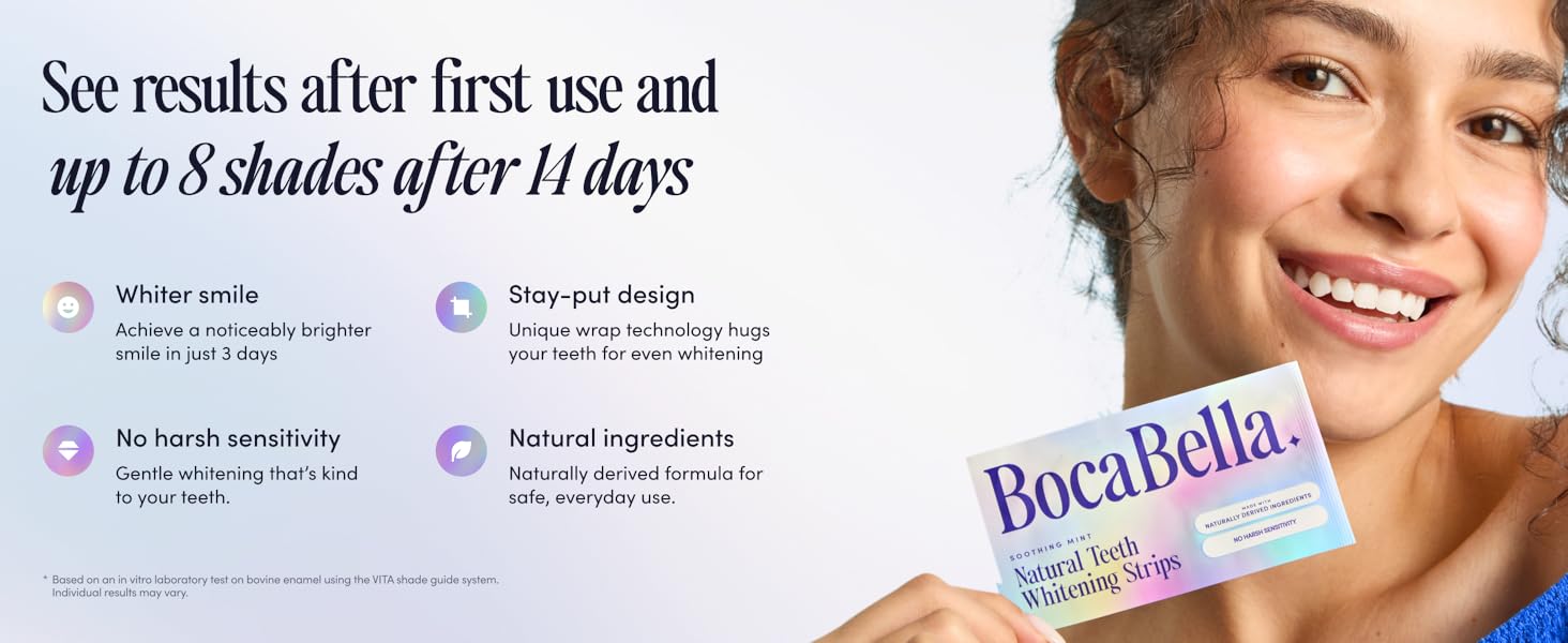Boca Bella Natural Teeth Whitening Strips - 7 Treatments Per Box, Peroxide-Free, Enamel-Friendly, Mild Mint Flavor, Suitable for Daily Use