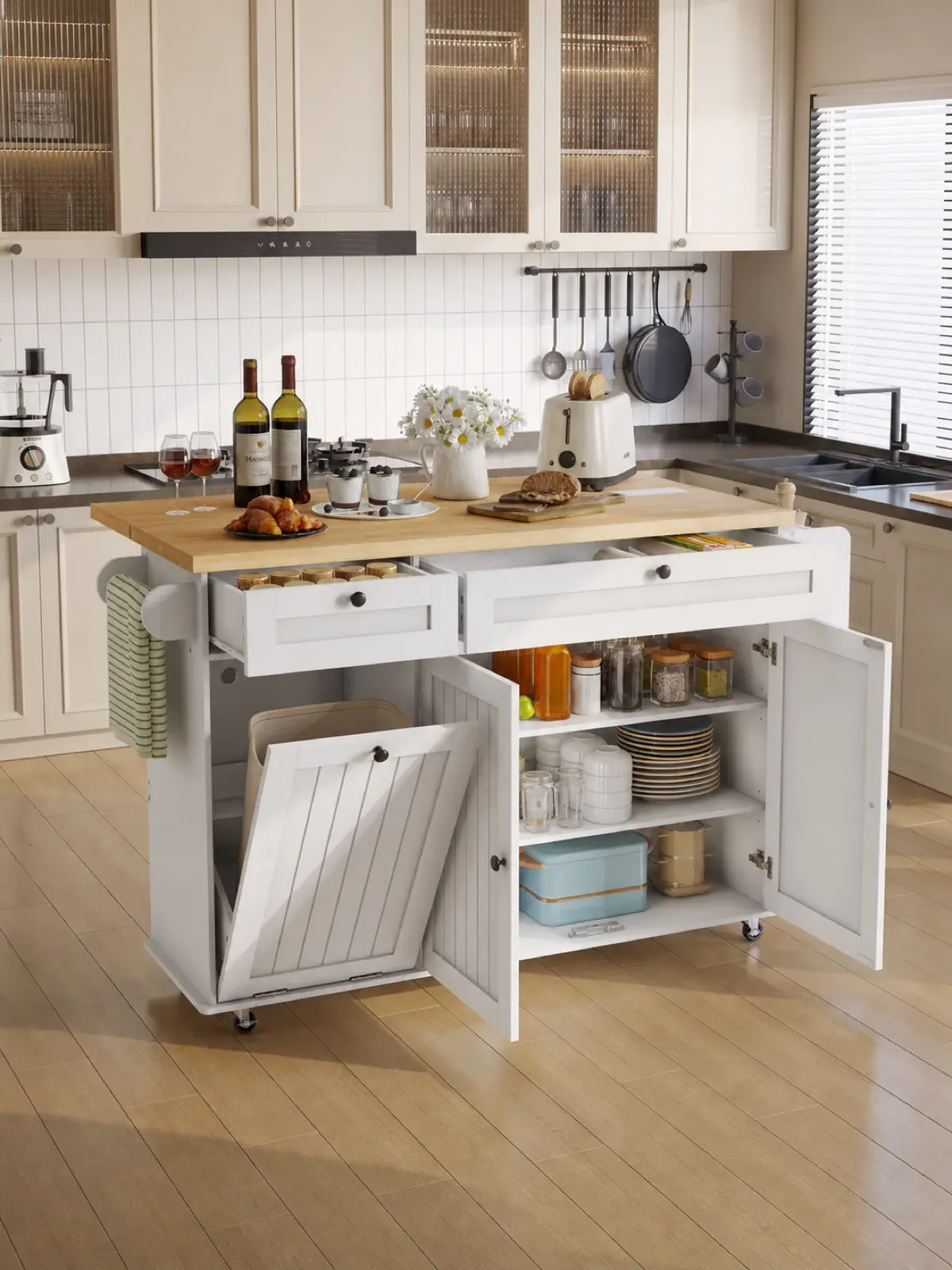 【BackToSchool】ONBRILL 60" / 81.7" Kitchen Island with Power Outlet & Drop Leaf, Kitchen Rolling Island with Spice Rack & Towel Rack, Knife Holder, Kitchen Island Cart with Trash Storage Cabinet, Mobile Island Table for Kitchen,dorm essentials,home decor