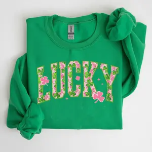 Glitter Lucky St Patrick's Day Sweatshirt, St Patricks day Pullover, Pink Shamrock Shirt, Coquette St Patrick day Fabric Menswear Crewneck