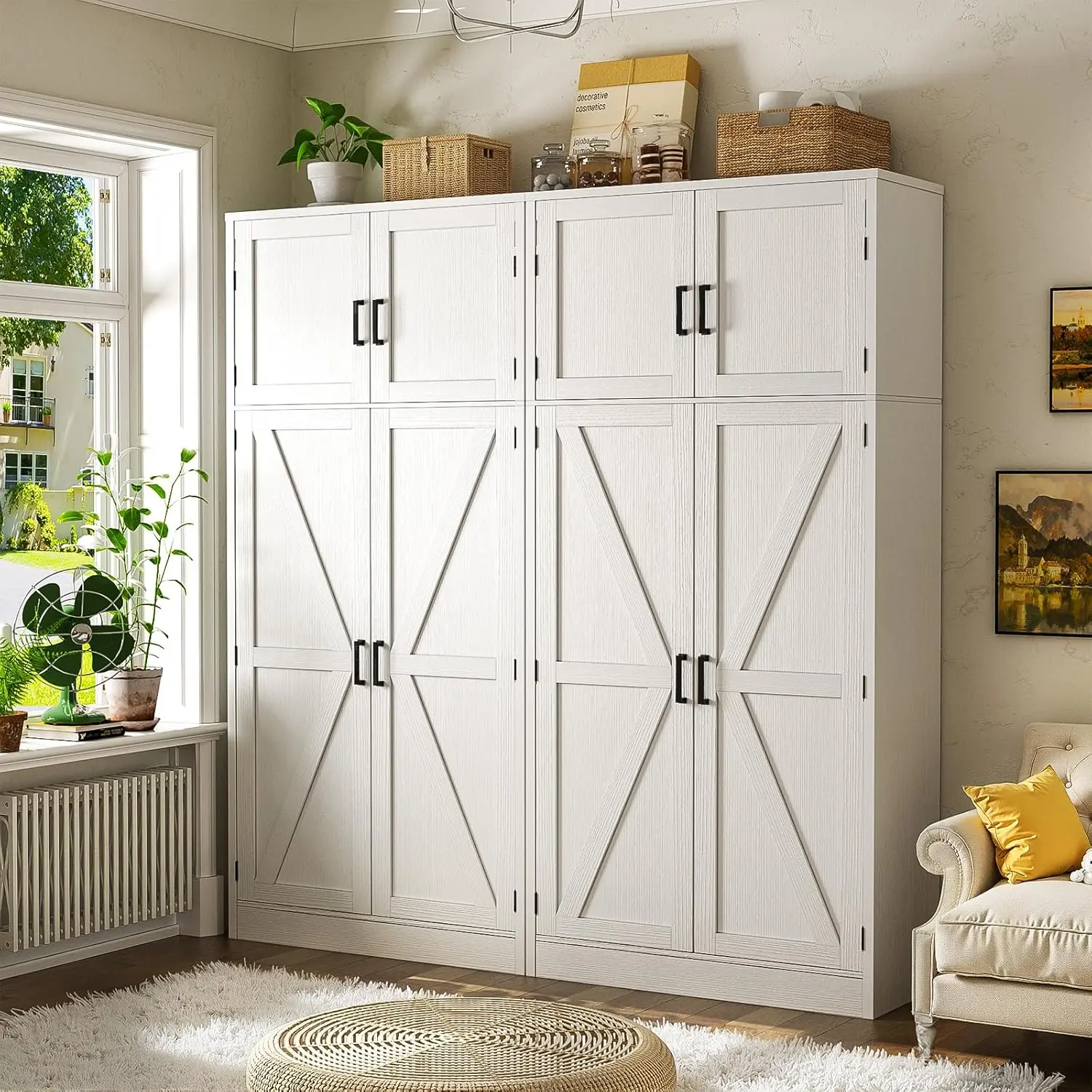 Cyclysio 54" Tall Sturdy Wood French Country Farmhouse Freestanding Kitchen Cupboard, Single Unit Indoor Cabinet with Barn Doors, Adjustable Shelves, Waterproof Surface, 54" Broom Slot & 71" Tall Reach (25+ kg Capacity) for Kitchen, Dining Room
