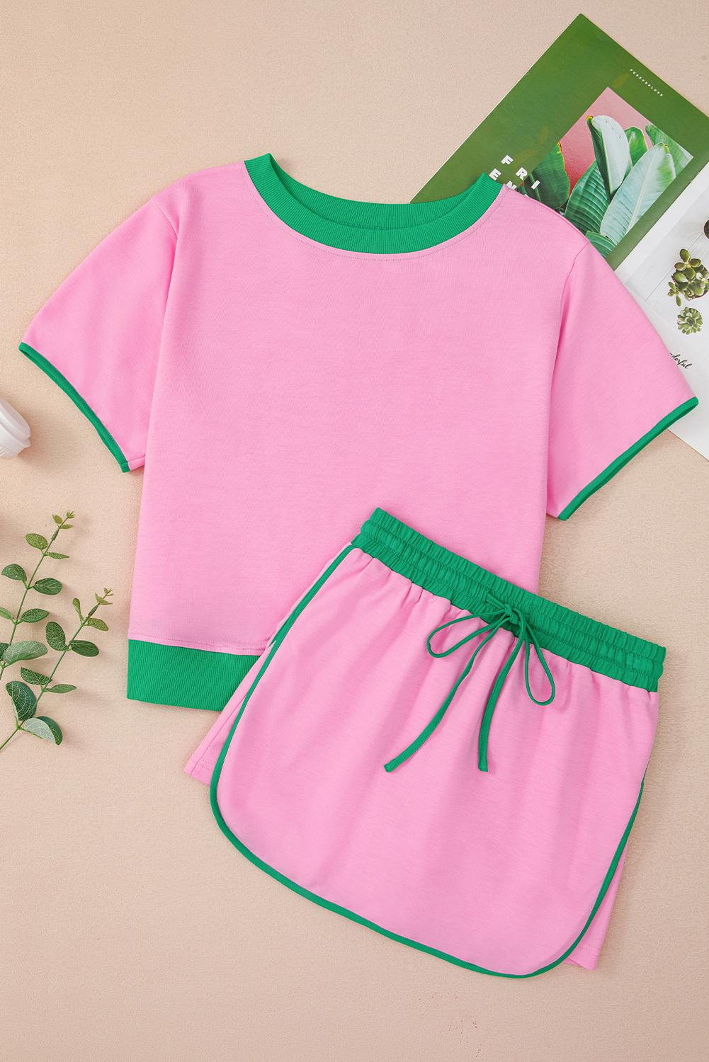 Znacicc Women's Casual  2 Piece Set Short Sleeve Colorblock Edge Drop Shoulder T-Shirt and High Waist Skort Outfits Suit - Stylish Top for Casual Wear