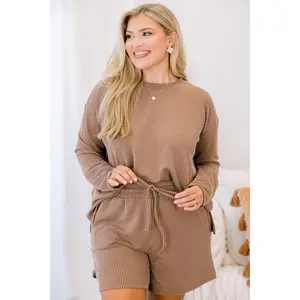 I'm Choosing Happiness Set Brown - Trendy Ribbed Long Sleeve Tee & Elastic Waist Shorts with Drawstring for Comfort and Style