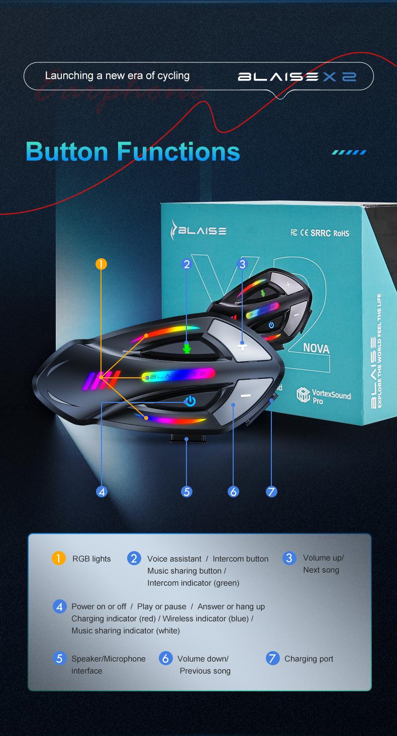 Blaise X2 Motorcycle Bluetooth ,Two-way Communication , Music Sharing,IP56 Waterproof,1000mAh Battery ,Electric Bike, Drity Bike,Noise Reduction , Intercom Headset,Long-distance Riding 1500M,Communication With Fellow Riders,Navigation Prompts
