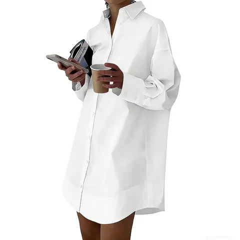 COCCKO Women's Longsleeves Button-Down Collared A-Line Shirt Dress - Soft Basic Fabric, Casual Loose Fit, Above-Knee Mini with Curve Hem, Mix-Match Ready, Business Daily Wear, Plain Elegant, XL - Check Lyaner's Size Chart
