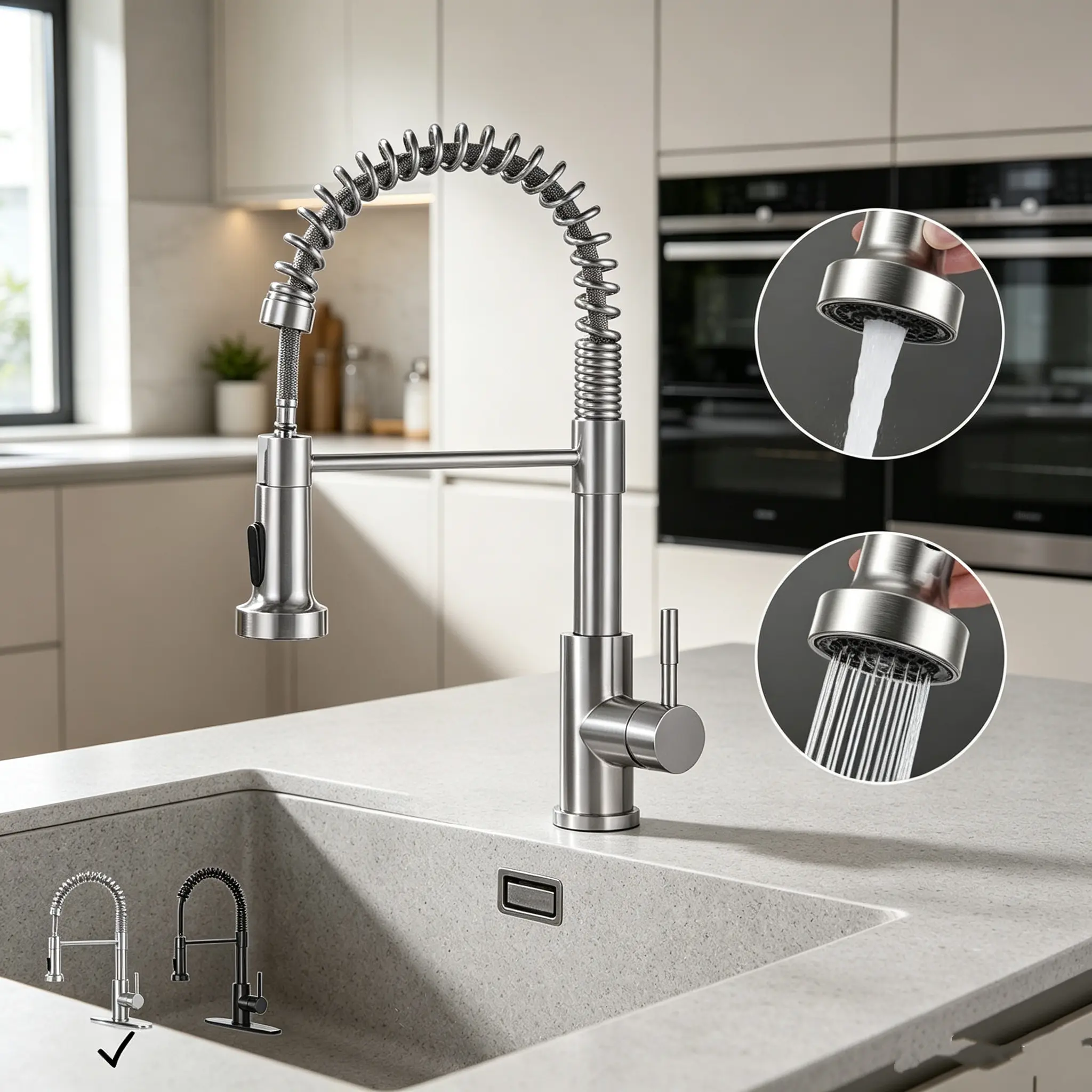 Pull Down Kitchen Faucet with Sprayer, Brushed Nickel Modern Kitchen Sink Faucet, Single Handle High Arc Faucet, 1 or 3 Hole Installation