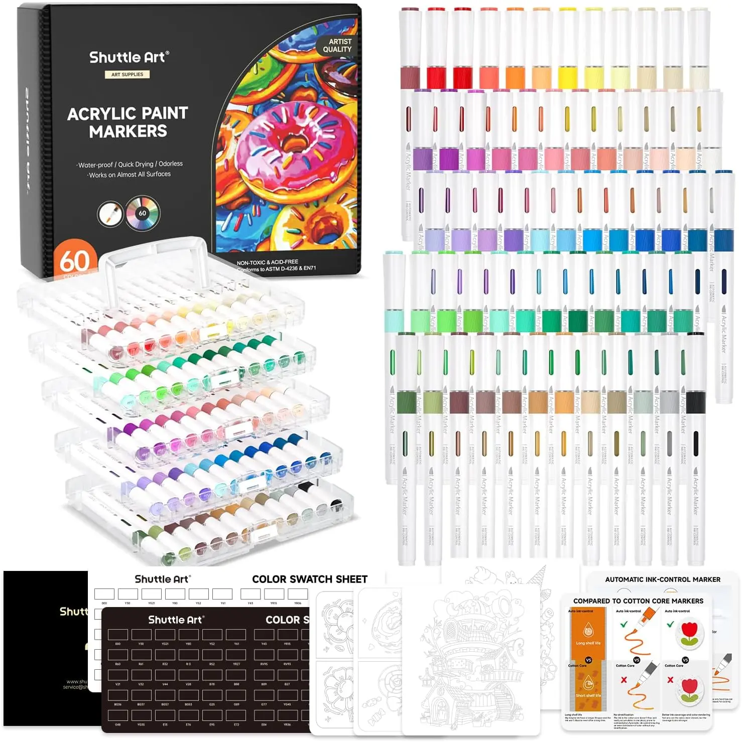 Shuttle Art Automatic Ink Control Acrylic Paint Markers, 24/36/60/96 Colors Brush Tip Acrylic Paint Pens for Rock Painting, Ceramic, Wood, Canvas, Glass, Stone, Fabric, Card Making, DIY & Art Supplies,modelpaintingmarkers,Pastel,Metallic,Storage Box,Craft