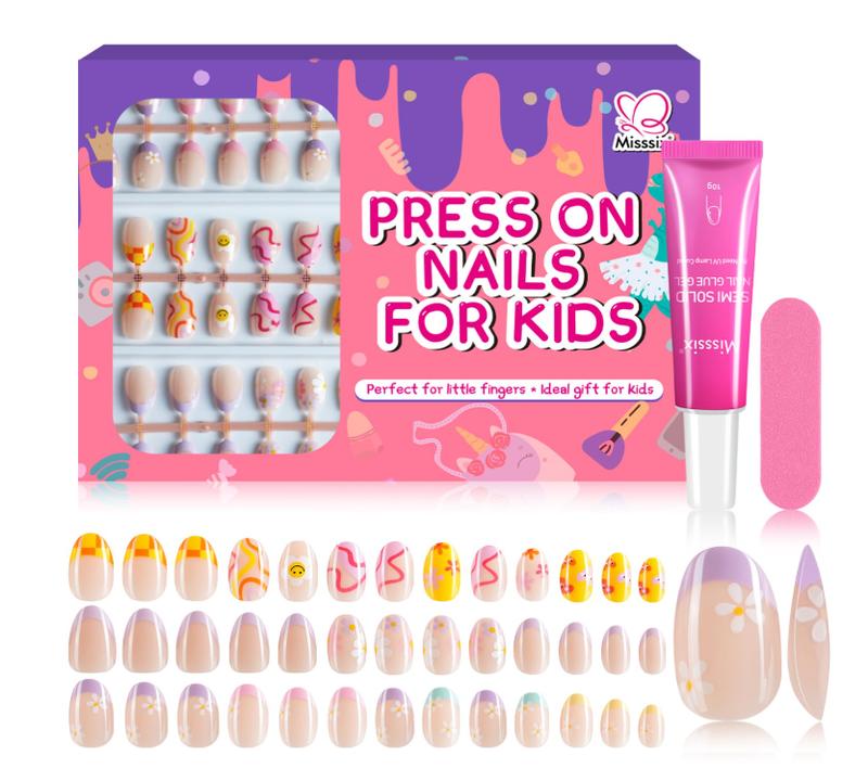 Misssix 78 Pcs Press on Nails for Kids, 3 Pack Kid Fake Nail Kit Cute Press on Nails, Old Colorful Flower Glue On Nails Stick On Nails for Girls 8-12 Years