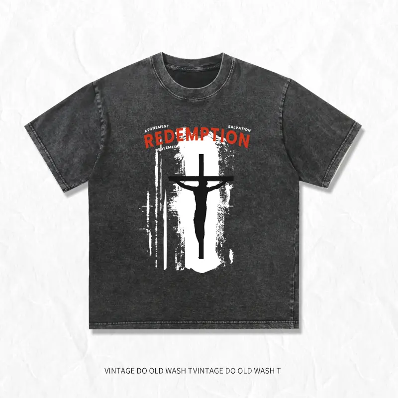 Men's Heavyweight 230gsm 100% Cotton T-Shirts - Retro Washed Streetwear Loose Fit Round Neck Short Sleeve, Black T-shirt Cross Jesus "REDEMPTION" Christian Print ，Breathable All-Season Casual Tees in coffee brown，Light Grey & Black ，Blue Rose red & Green