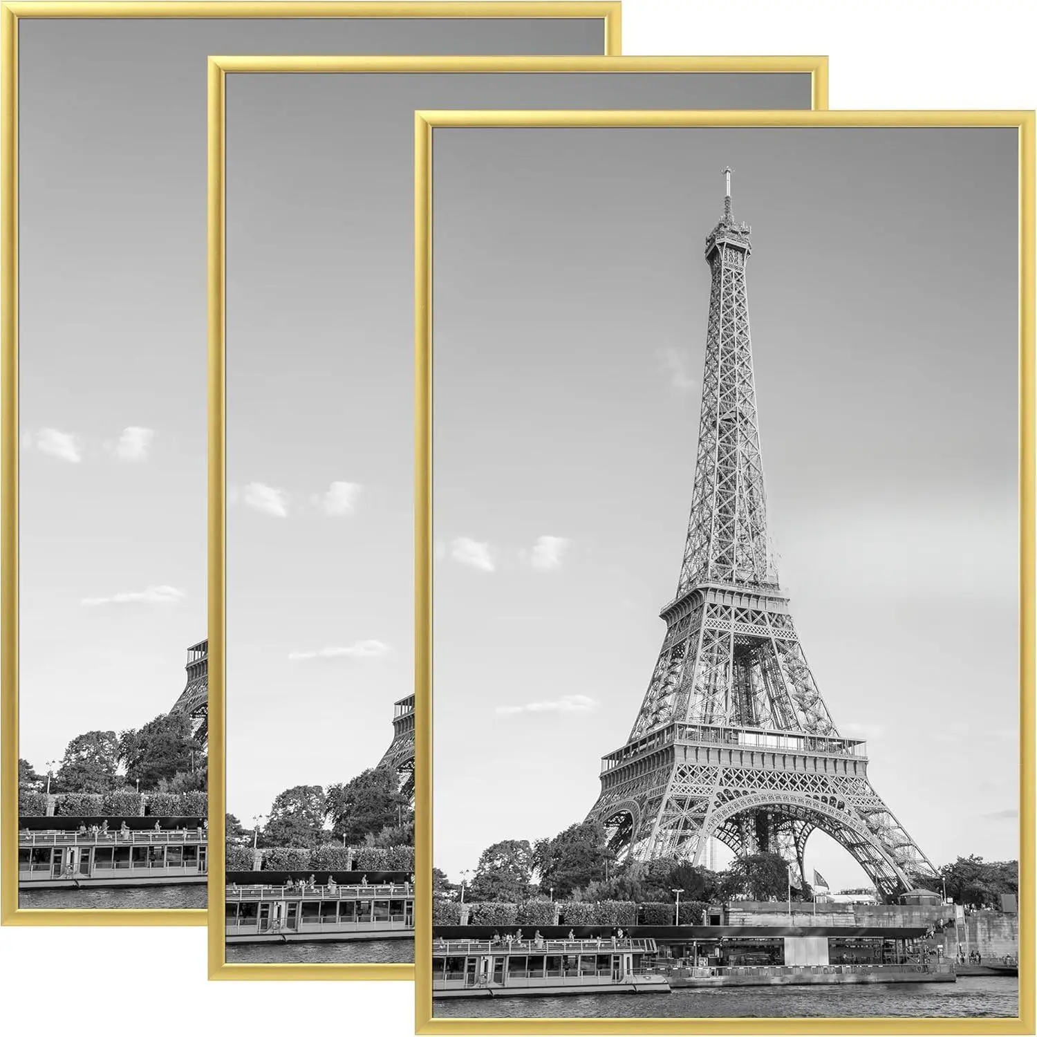 18x24 Gold Photo Frames 3 Pack , Scratch-Proof Wood and Plastic Poster Frames with Slide-In Strips, Decor for Photo Gallery - Horizontal/Vertical Wall Mounting,Also available in:12x16,16x24,24x36