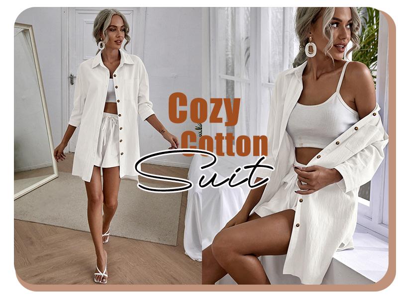 comfyclothing  Women’s 2 Piece Lounge Tracksuit Outfit Sets 2025 New Linen High Low Shirt and Drawstring Casual Shorts