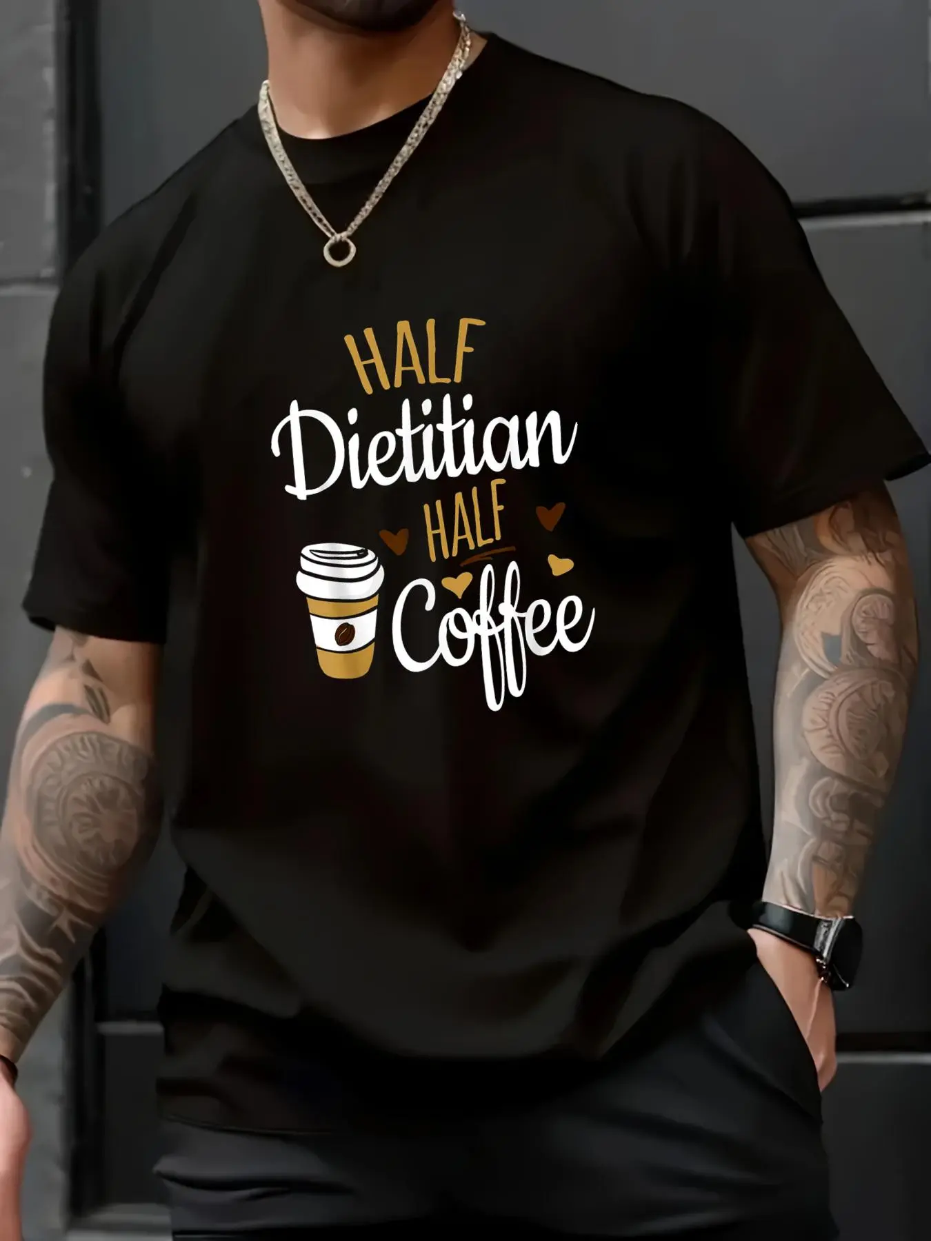 Men's Funny Dietitian T-Shirt with 'Half Dietitian Half Coffee' Graphic, Casual 100% Cotton Short Sleeve Loose Fit Top for Daily Wear, Tops, Menswear, Round Neck, Funny Quote