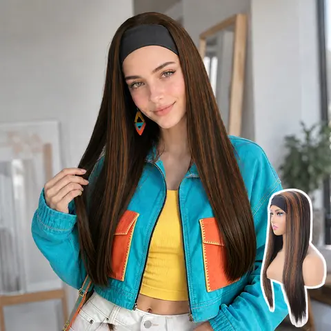 ZIHAN Women's Elegant Long Straight Headband Wig - Brown Heat-Resistant Synthetic Full Wig with Secure Fit, Brown Band Style for Female Users, Straight Headband Wigs