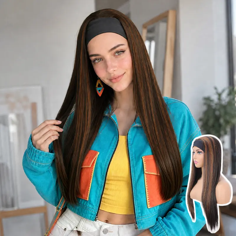 ZIHAN Women's Elegant Long Straight Headband Wig - Brown Heat-Resistant Synthetic Full Wig with Secure Fit, Brown Band Style for Female Users, Straight Headband Wigs