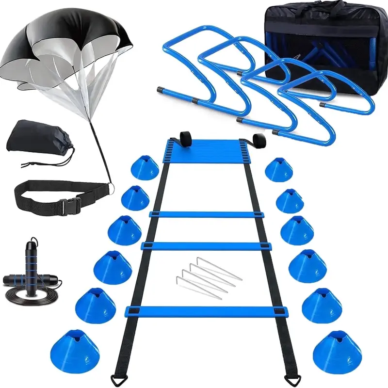 Agility Ladder, Agility Speed Training Equipment Set, 20ft Speed Ladder, 12 Soccer Cones, 4 Hurdles, Jump Rope, Running Parachute, suitable for foot movements, coordination and agility training