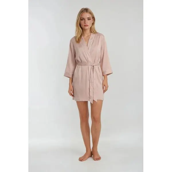 Forever 21 Women's Short 3/4 Sleeve Wrap Robe in Lightweight Modal Fabric, Breathable V-Neck Loungewear with Piped Trim Forever 21 Women's Short 3/4 Sleeve Wrap Robe in Lightweight Modal Fabric, Breathable V-Neck Loungewear with Piped Trim