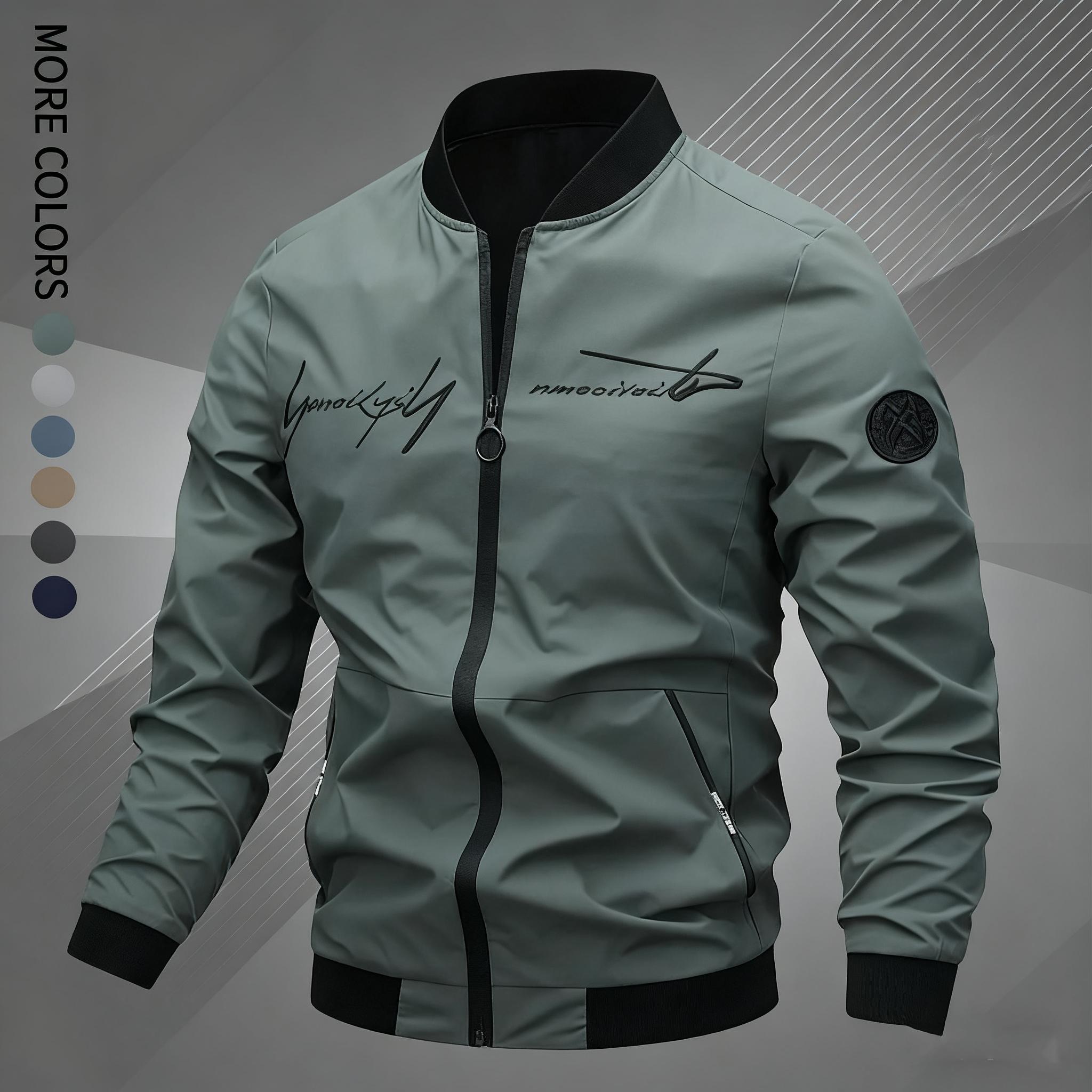 Men's Letter Embroidered Pilot Jacket, Casual Coat, Four-Season Fashionable Outerwear, Suitable for Daily, Home, Outdoor, Work Settings