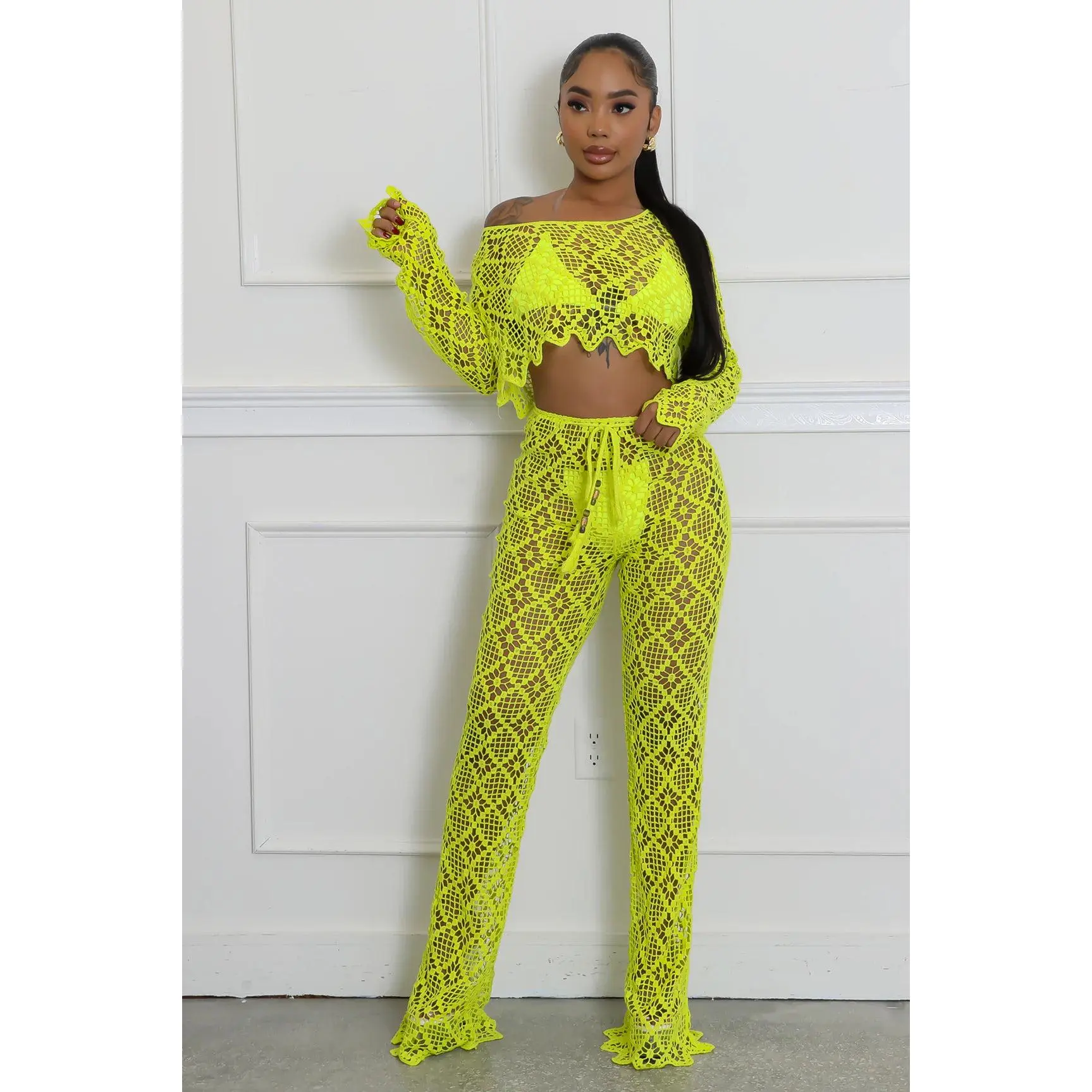 Women's Crochet Cover-Up Set, 2-Piece Breezy Outfit with Relaxed Fit Long Sleeve Shirt & High Waist Flare Pants for Beach Pool, Swimsuit Coverups, Coverups For Bathing Suits