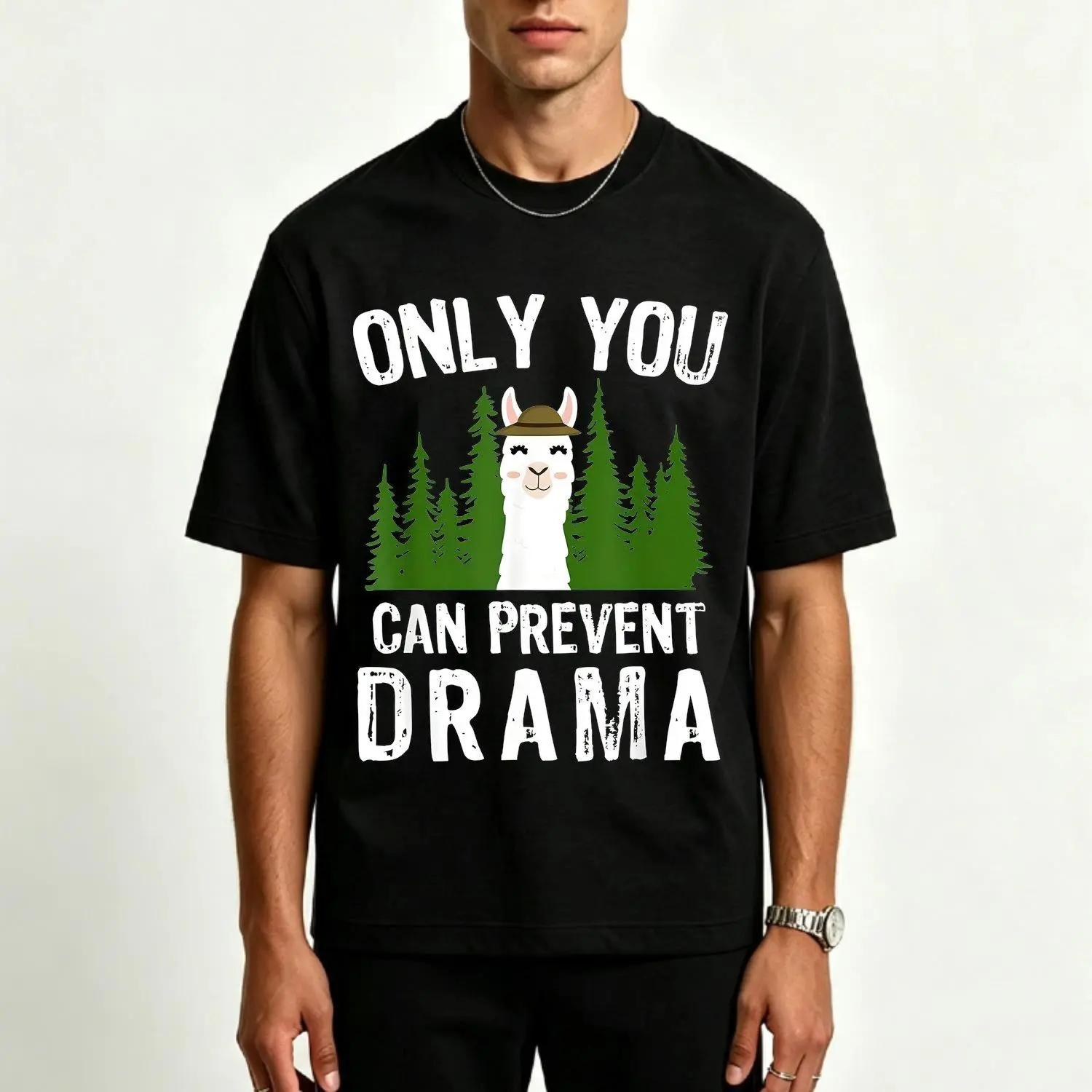 Funny Llama "Only You Can Prevent Drama" Graphic Men's T Shirt Vibrant Print Crew Neck Soft Breathable Relaxed Fit Short Sleeve Tee for Casual Outings Parties and Vacation Wear