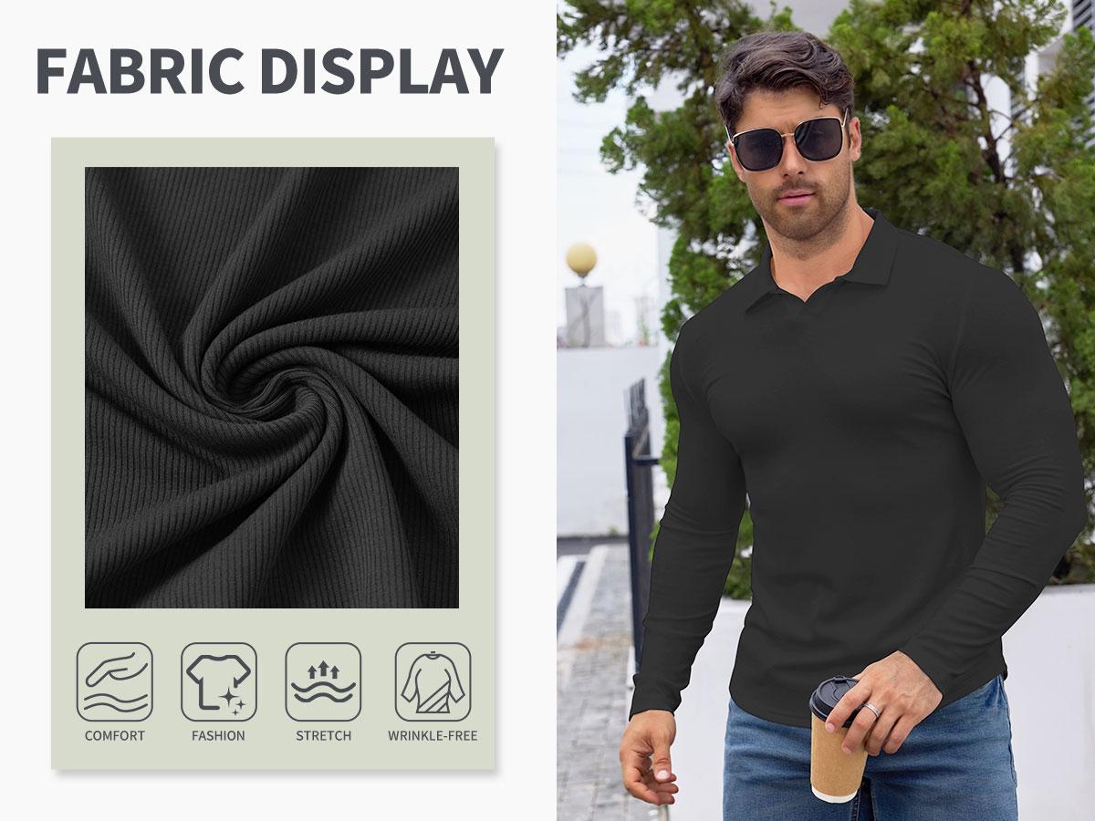 STREVATE Men's Muscle V Neck Polo Shirts Casual Long Sleeve Slim Fit Ribbed Golf T Shirt Athletic Tee for Daily Outdoor Wear,Men's Streetwear Outfits