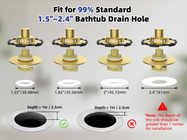 Universal Bathtub Drain Stopper Shower Drain Hair Catcher, Tub Stopper with Visible Top Strainer, Upgraded 3 in 1 Pop-up Drain Plug Fit for 1.5 to 2.4" Hole, Stainless Filter Basket, Brushed Gold
